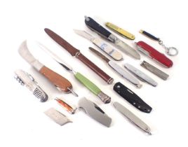 Pocket knives, comprising Swiss army knife, a green hard stone handled letter opener, stainless stee