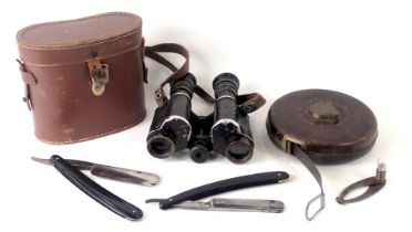 A Chesterman of Sheffield vintage tape measure, cut throat razor, and a cased set of Carl Zeiss bino