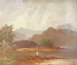 W. Hayle (British, 20thC). Lake and mountain landscape with figures, oil on canvas, signed, 22.5cm x