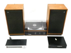 A Hi-Fi set, comprising two Dynatron speakers, a Pioneer TX540L, and a Technics SL-PJ25, and a Dynat