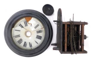 A late 19thC ebonised cased circular wall clock, dial bearing Roman numerals, two train movement wit