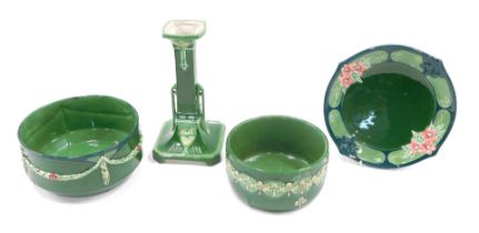 Art Nouveau style Eichwald items, on a green ground, comprising two bowls, candlestick and a cabinet