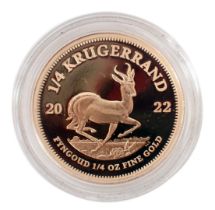 A South African Mint 2022 quarter ounce gold Krugerrand proof coin, number 573, with certificate, bo