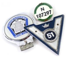 Three car and bus badges, comprising Classic and Historic Motor Club car badge, The VM, stainless st