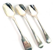 Three Victorian and later silver fiddle pattern stilton scoops, London, Edinburgh and Sheffield assa