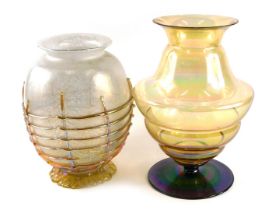 Two Art Glass vases, comprising a silvered and opalescent basket vase, with applied orange and yello