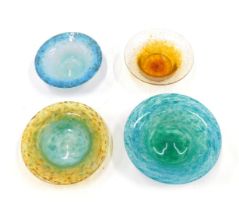 A group of Monart and other Art Glass dishes, each with a blue/turquoise decoration, with gilt highl