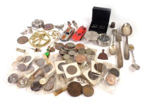 Coinage, costume jewellery, and trinkets, comprising pennies, half pennies, Royal Army Ordinance Rif