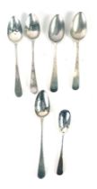 Six silver tea spoons, comprising three Victorian fiddle pattern tea spoons, and three later fiddle