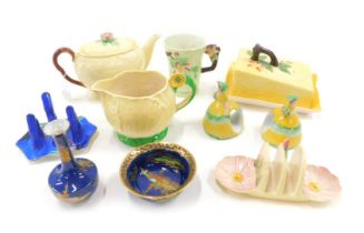 Carltonware ceramics, comprising tea pot, toast rack, butter dish, and cover, tea cup, a Carltonware