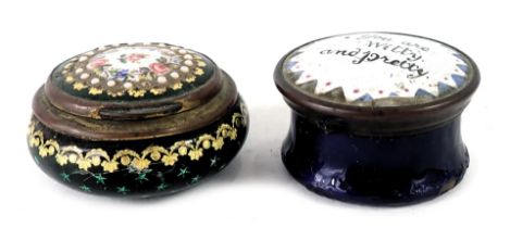 Two enamel pill boxes, comprising a Bilston blue and white enamel pill box inscribed 'You are witty