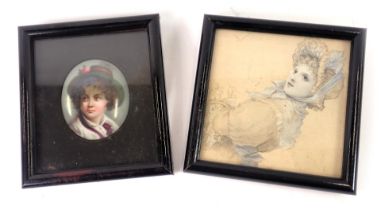 Two 19thC and later miniatures, comprising a Continental porcelain plaque, depicting child in green