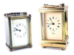 Two brass cased carriage clocks, comprising a late 19thC example with white enamel numeric dial, and
