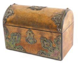 A 19thC burr walnut stationary box, with domed top and applied brass detail, bearing the initials K