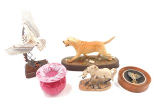 Ornamental figures, comprising Board of Fine Arts unicorn, Beswick tan Labrador and base, a Board of