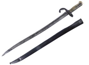 A bayonet and scabbard, number to scabbard R.75825, with a brass handle, 68cm long.