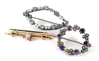 Three bar brooches, comprising a two bar brooch, with central opal and garnet, yellow metal, stamped