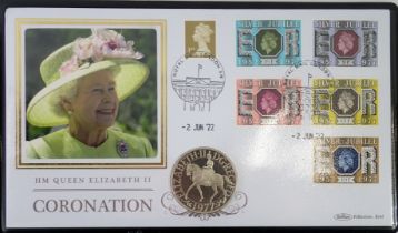 A Harrington and Byrne 2022 Queen Elizabeth II coronation anniversary silver proof coin cover, in bl