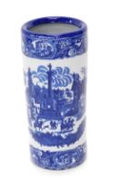 A reproduction blue and white porcelain stick stand, transfer decorated with classical buildings and