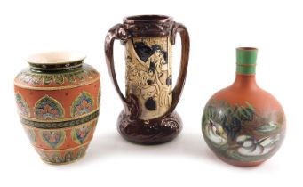 A group of 19thC and later ceramics, comprising a brown stoneware vase, painted with reeds and ducks