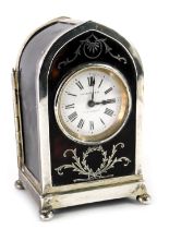 An Edward VII tortoiseshell and silver miniature clock, the dial stamped W. Lockwood and Co, New Bon