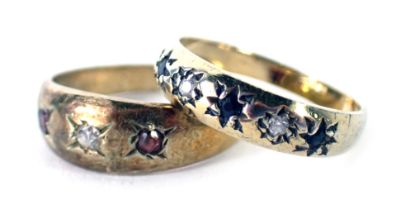 Two dress rings, comprising a 9ct gold and blue and white stone set half hoop dress ring, ring size