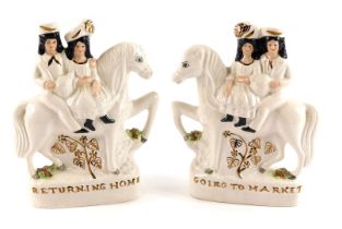 Two late Staffordshire flat back figure groups, comprising Going to Market and Returning Home, 22cm