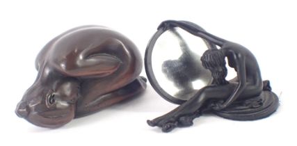 Two bronze effect figures, comprising a D J Scaldwell bronzed effect figure of a nude female curled