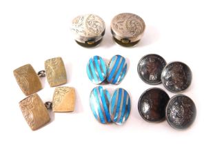 Assorted gentleman's jewellery, comprising a pair of blue enamel and white metal cufflinks of stripe