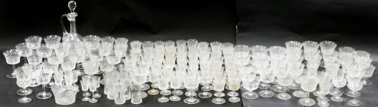 A suite of 19thC etched glass, with cross hatched lattice and bow design, to include decanter and st