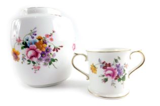 Two items of Royal Crown Derby Posies, comprising a two handled cup, 7cm high, and a vase, 18cm high