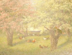 Claude Rouvier (20thC). Chickens in orchard, oil on canvas, signed, 41cm x 51cm