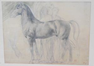 After Edgar Degas (French, 1834-1917). Study of a horse, with figures behind, lithographic print, be