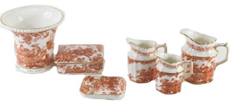 A Royal Crown Derby Red Aves pattern vase with beaded edge, three milk jugs, box and cover, and a pi