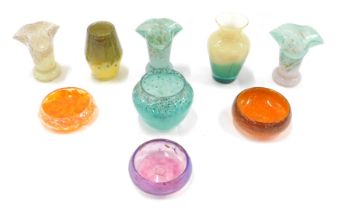 A collection of Art Glass, comprising three flared rim vases, orange pin dishes, and others. (a quan