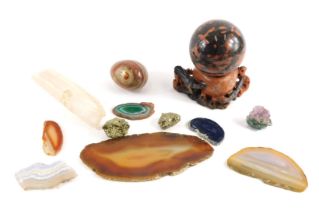 Sliced agates, marble egg, soapstone bowl with birds, crystal, etc. (1 tray)