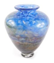 An Adam Aaronson Tin Mill Studio of London Art Glass vase, on a blown blue and brown mottled design,