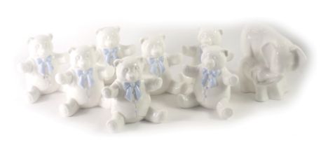 Seven Coalport Moments Baby Boy Teddy bears, and a Tender Moments elephant group, boxed. (8)