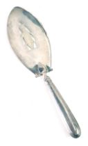 A George III silver fish slice, the handle of ribbed design bearing the initials AN, with pierced fi