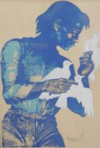 Montefrase(?) (20thC). Male figure with doves, artist signed lithographic print dated 1974, 92cm x 6
