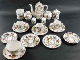 A Crown Staffordshire Hunting Scene pattern part coffee service, comprising coffee pot, breakfast cu
