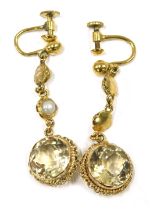 A pair of late Victorian citrine and pearl drop earrings, each set with circular faceted citrine, 3.
