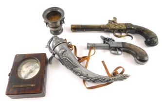 Two replica pistols, a replica stainless steel handled flask, compass, and campana urn. (5)