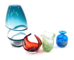 A collection of Art Glass, comprising a blue swirl design vase, 26cm high, green mottled vase, 11cm