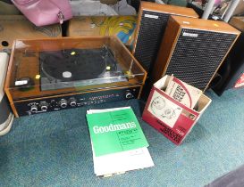 A Goodmans model 80 record player and two Van Der Molen speakers, and a set of Dynamic stereo headph