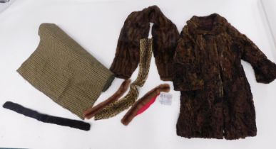 A roll of Harris tweed, Persian paw fur coat, stole and gloves. (a quantity)