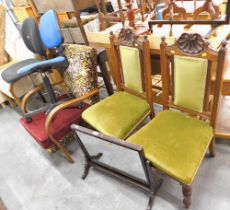 A mahogany swing framed dressing table mirror, two Edwardian green upholstered dining room chairs, t