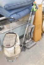 A Gtech strimmer attachment, Gtech vacuum cleaner, shopper trolley, folding seat, Adidas bag, machin
