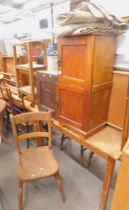 A pot cupboard, pine and oak fronted corner cabinet, three tier trolley, drying rack, bed cover and