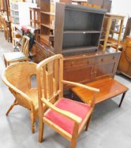 Various furniture, comprising oak side chair, small oak bookcase, mahogany coffee table, mirror back